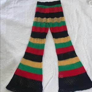 Rasta colored crochet mesh flared pants SZ S